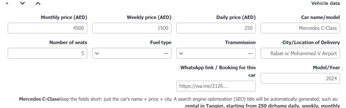 A car rental input system turns vehicle data into SEO-ready entries without manual repetition