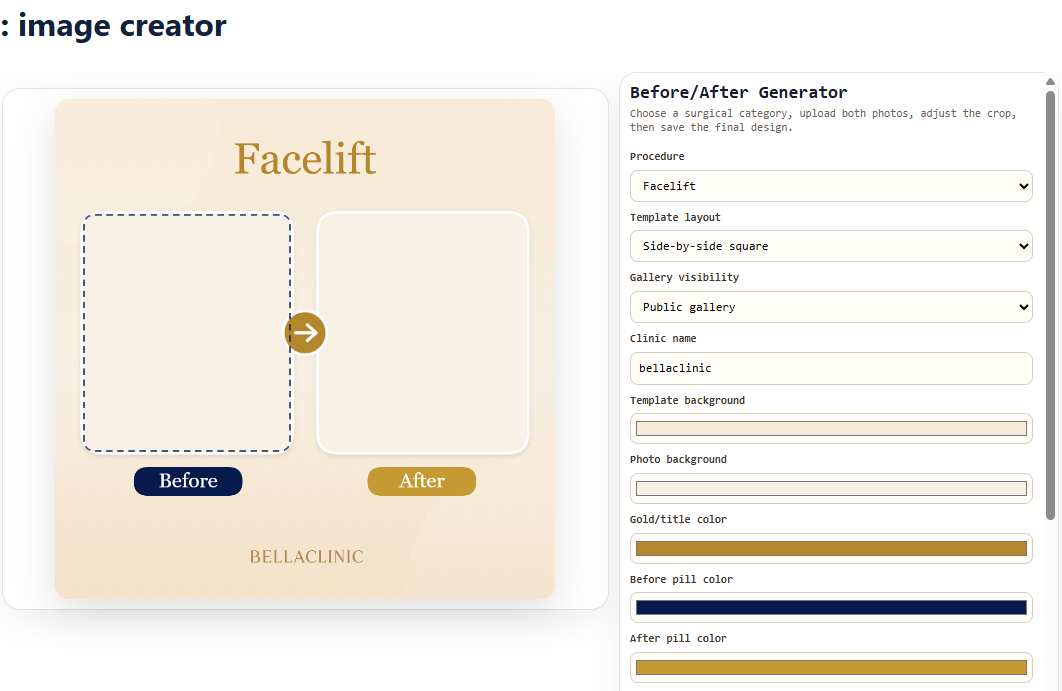 The generator handles the real editing flow: upload, preview, crop, adjust, save, and share