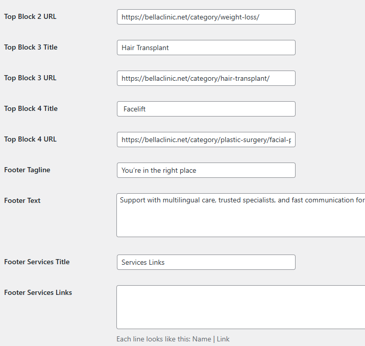 Core settings — footer links and lower sections