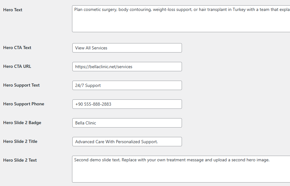 Core settings — hero controls