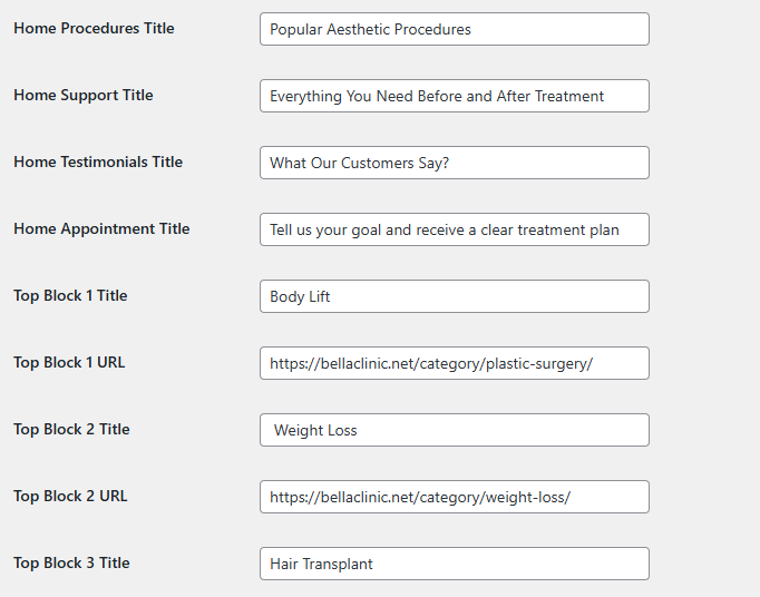 Core settings — home blocks and categories