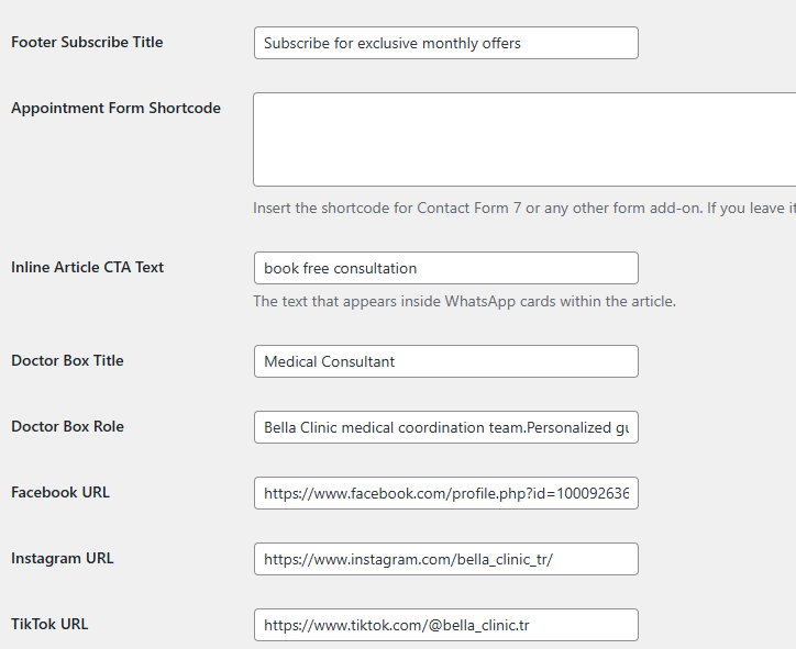 Inline CTA and social settings