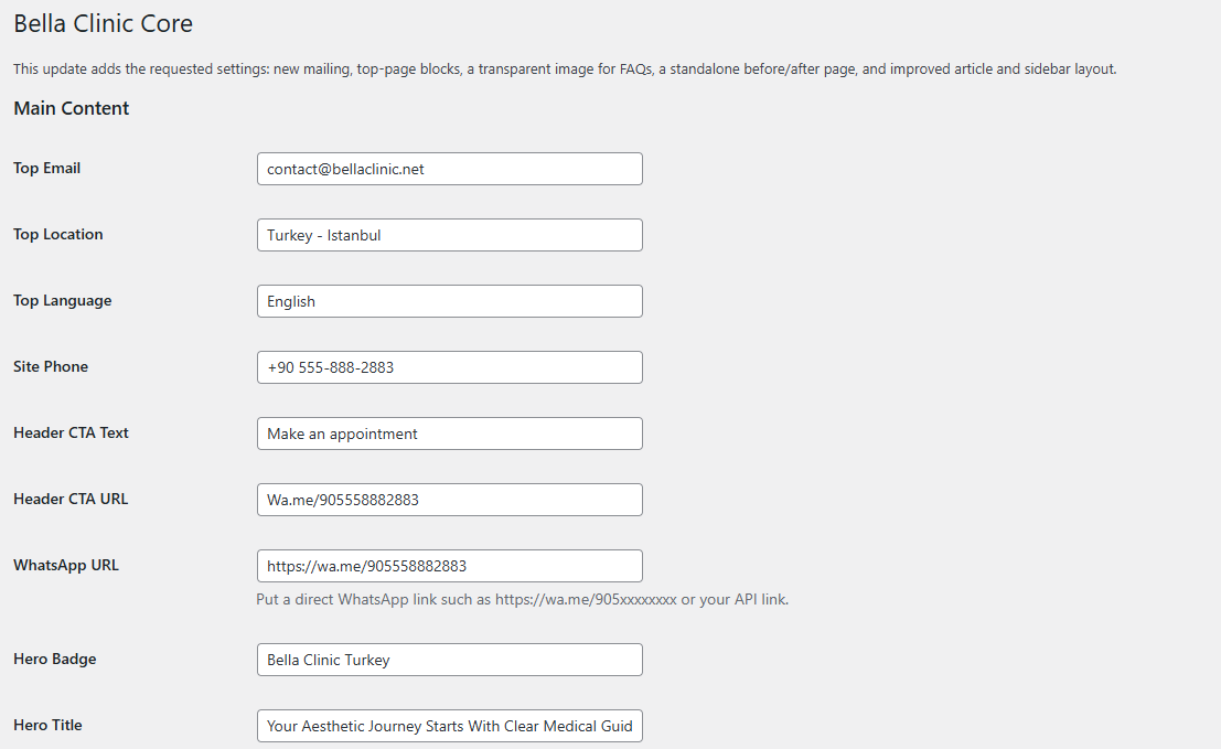 Core settings — main content