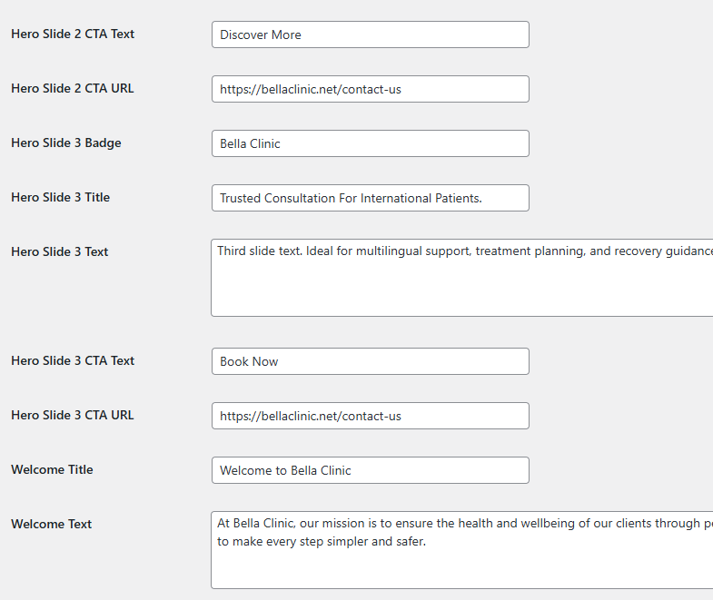 Core settings — slides and welcome section