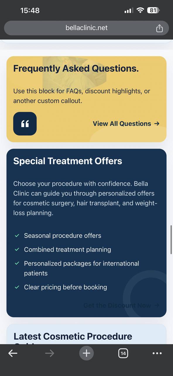 Bella Clinic — FAQ and offer blocks