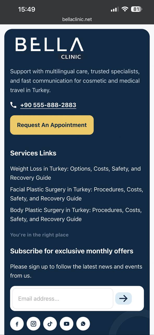 Bella Clinic — footer CTA and link block