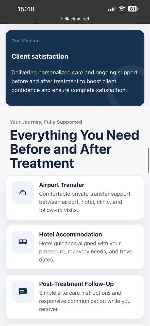 Bella Clinic — support and treatment sections