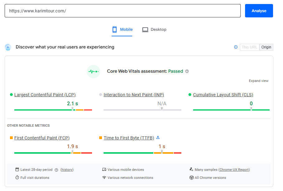 Core Web Vitals — Karimtour mobile