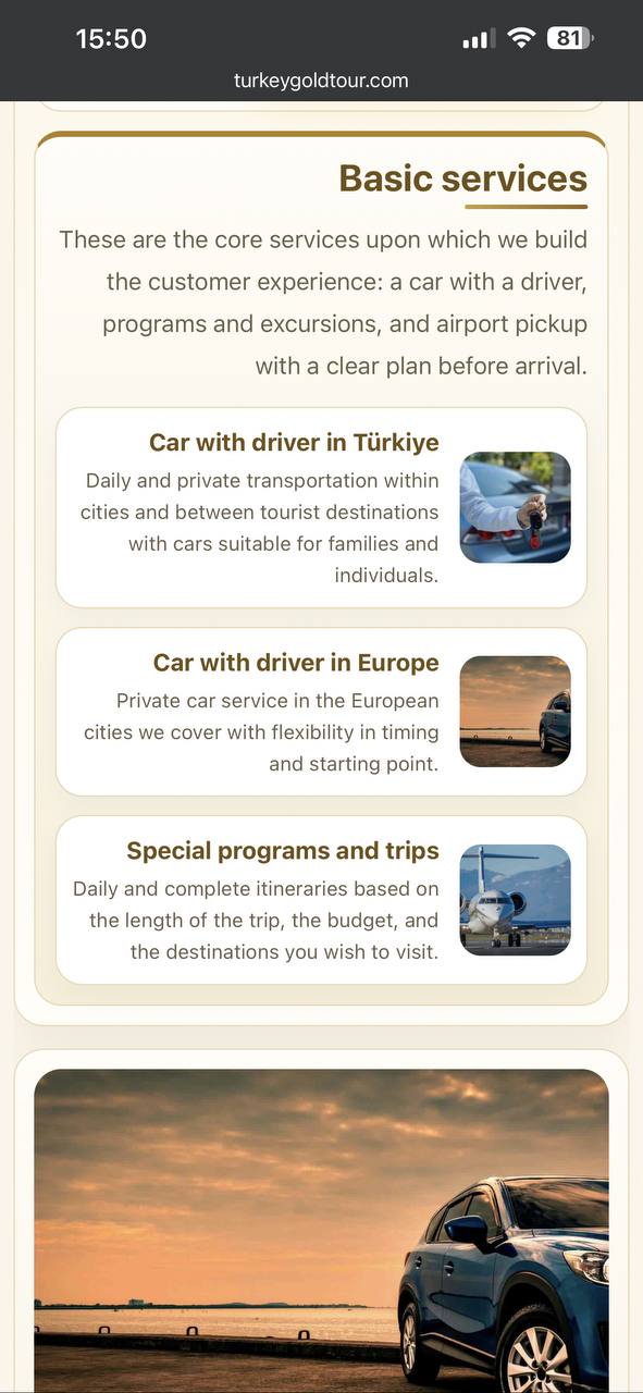 Turkey Gold Tour — service blocks on mobile