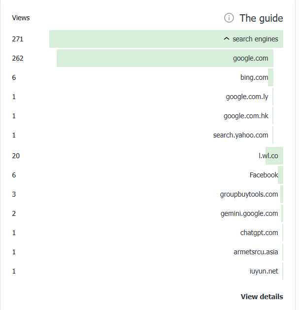 Search engines are the main visible referrer, which supports the site’s discoverability after the structural cleanup