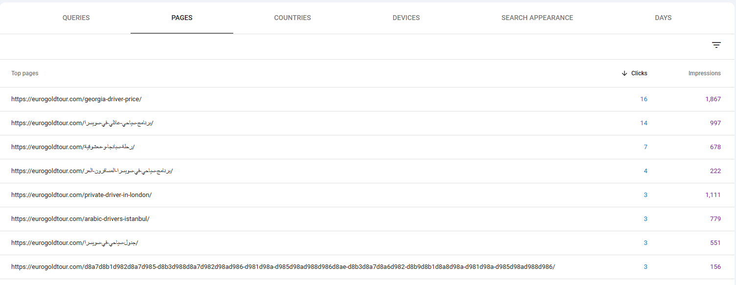 Top-page data confirms that multiple URLs are starting to gain visibility, not just the homepage