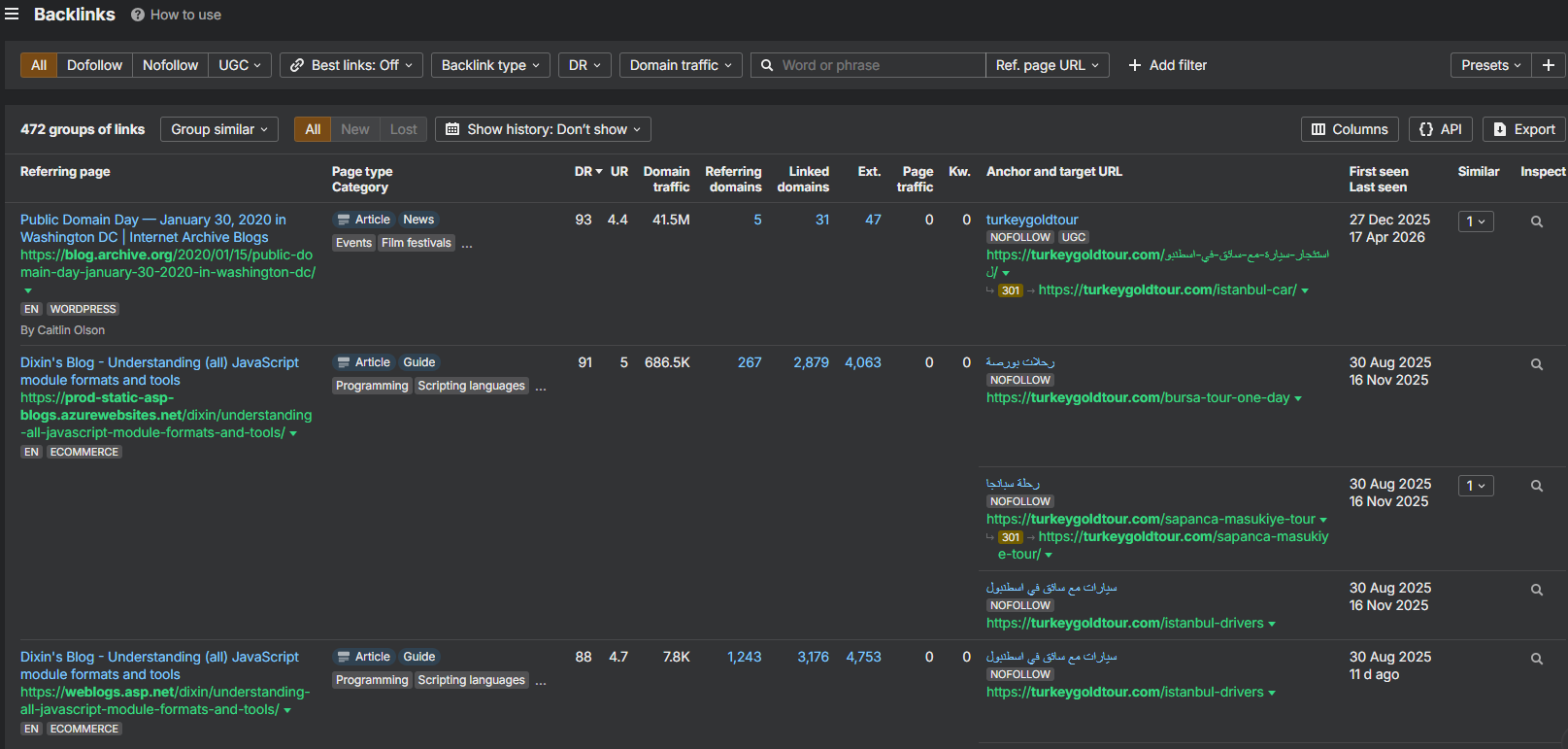 Backlinks table